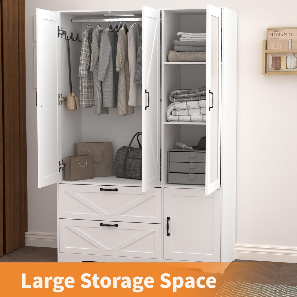 Armoire Wardrobe Closet with Drawers and Mirror, 72" Bedroom Wardrobe Cabinet with Motion Sensor Light, Hanging Rod &