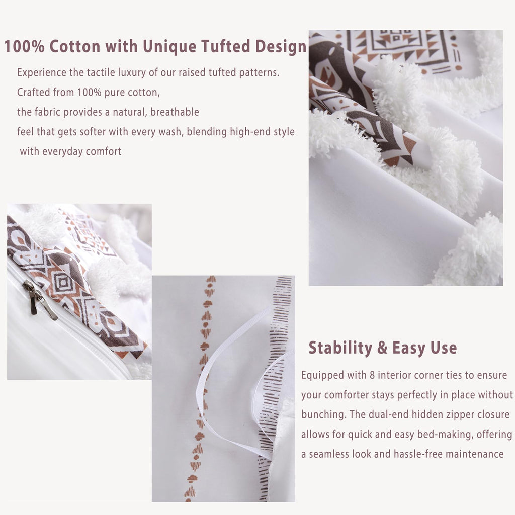 Light Brown 100% Cotton Boho Duvet Cover Set Queen Size, 3-Piece Tufted Textured Modern Boho Moroccan Bedding, Aztec