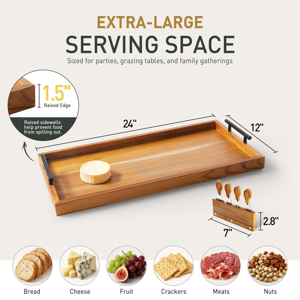 Teak 24 in Large Charcuterie Board with 4-Piece Cheese Knife Set