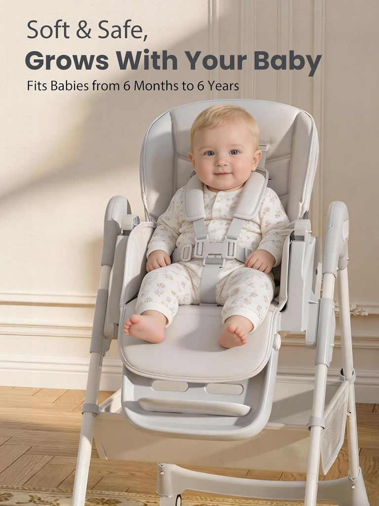 Baby High Chair, Foldable Convertible High Chair for Babies & Toddlers, Adjustable Height & Recline with Removable