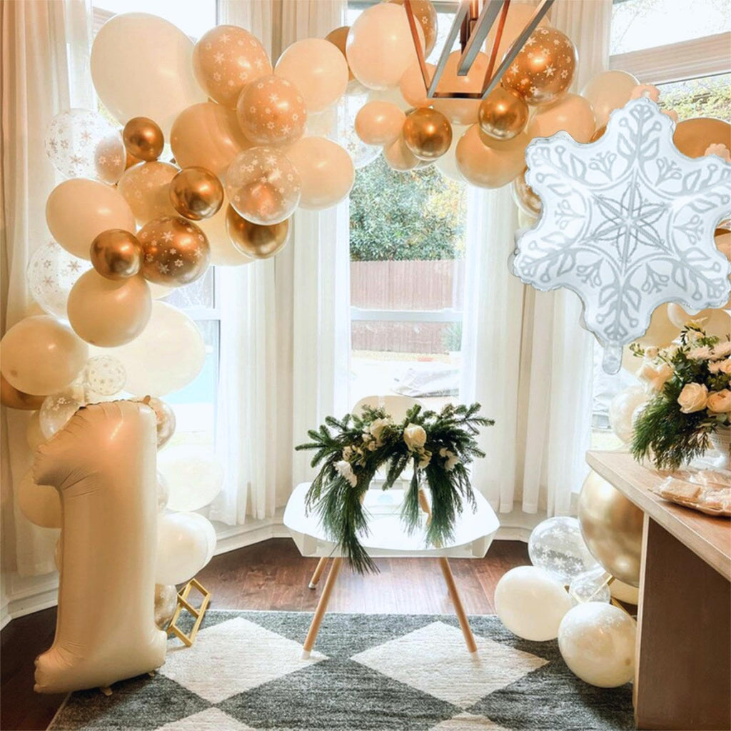 Snowflake Balloon Garland Arch Kit, Gold and White Sand Balloon Arch with Clear Snowflake Foil Balloons for Winter