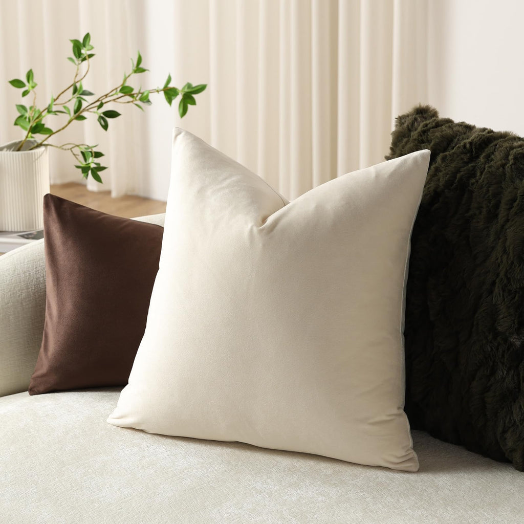Euro Sham Covers 24x24 Cream: Pack of 2 Cozy Soft Velvet Square Modern Luxury Decorative Throw Pillow Cases for Sofa