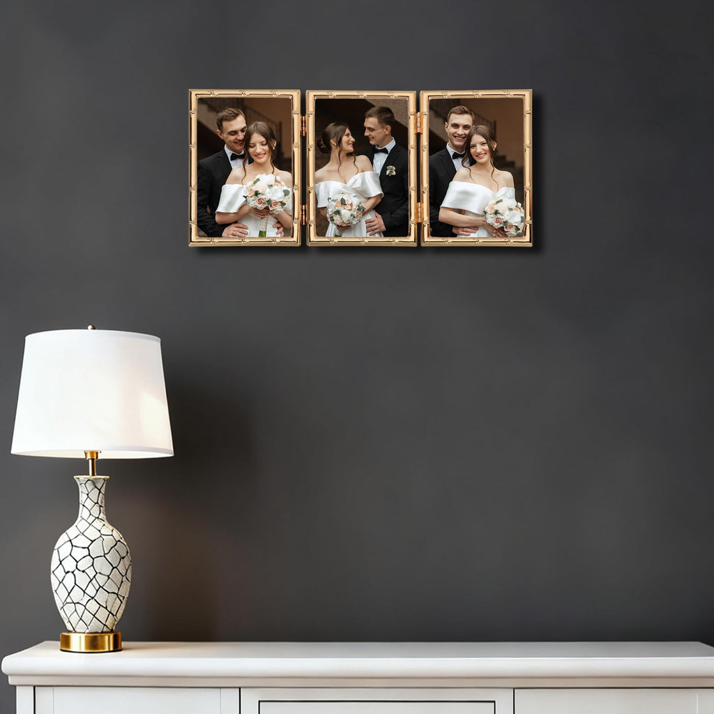 Dark Gold 4x6'' Bamboo Detail Designs Hinged Triple Metal Picture Frame, Elegant Gold Plated Wedding Photo Frames With
