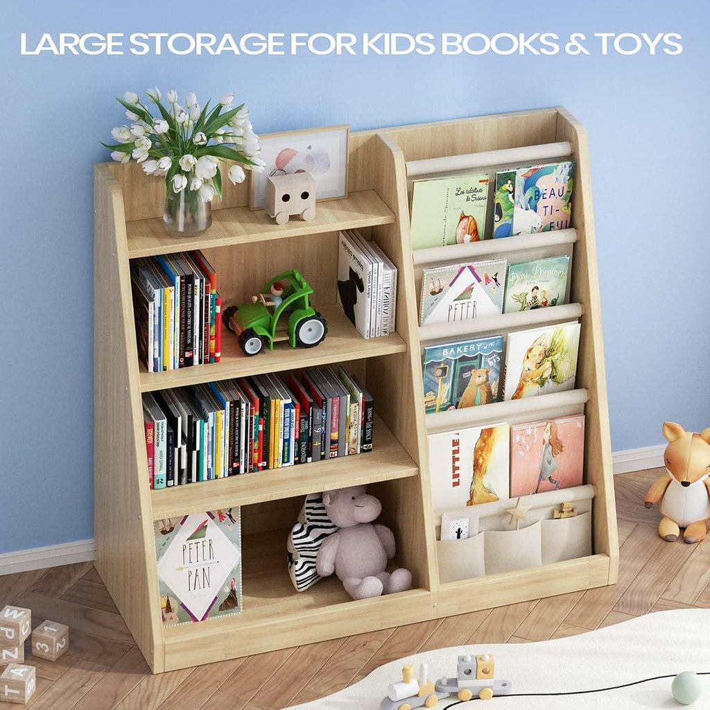 Kids Bookshelf and Toy Storage Organizer, 4 Tier Wooden Kids Book Shelf with Sling Book Rack in Kids Room Playroom