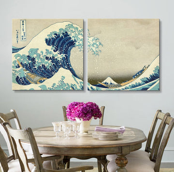 2 Panel Square Canvas Wall Art - The Great Wave by Hokusai - Giclee Print Gallery Wrap Modern Home Art Ready to Hang