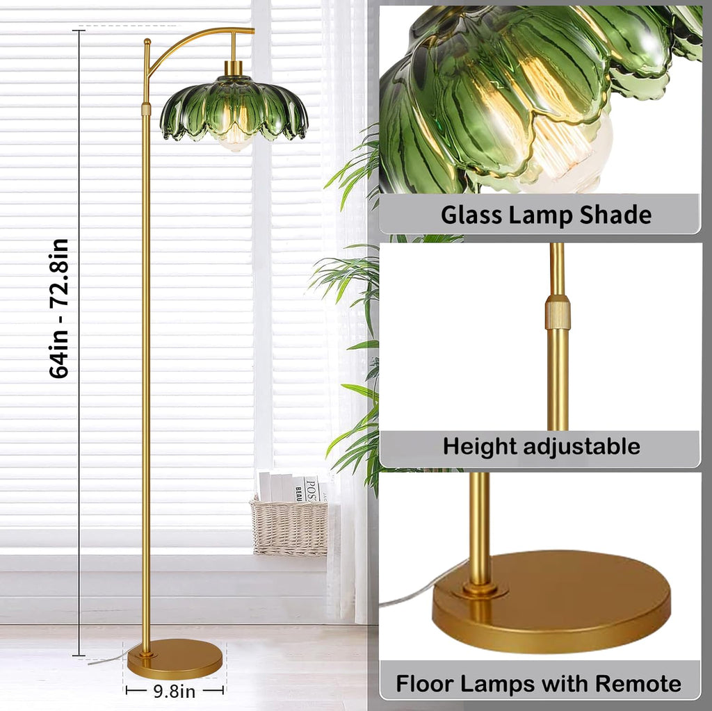 Gold Floor Lamps, Glass Floor Lamp with Remote Control & Green Lampshade, Arc Flower Lamp Dimmable Mid Century Modern