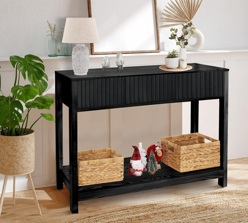 Fluted Console Table, Long Console Tables 48" Vanity Desk, Black Boho Entry Table Narrow Modern Hallway Table Modern