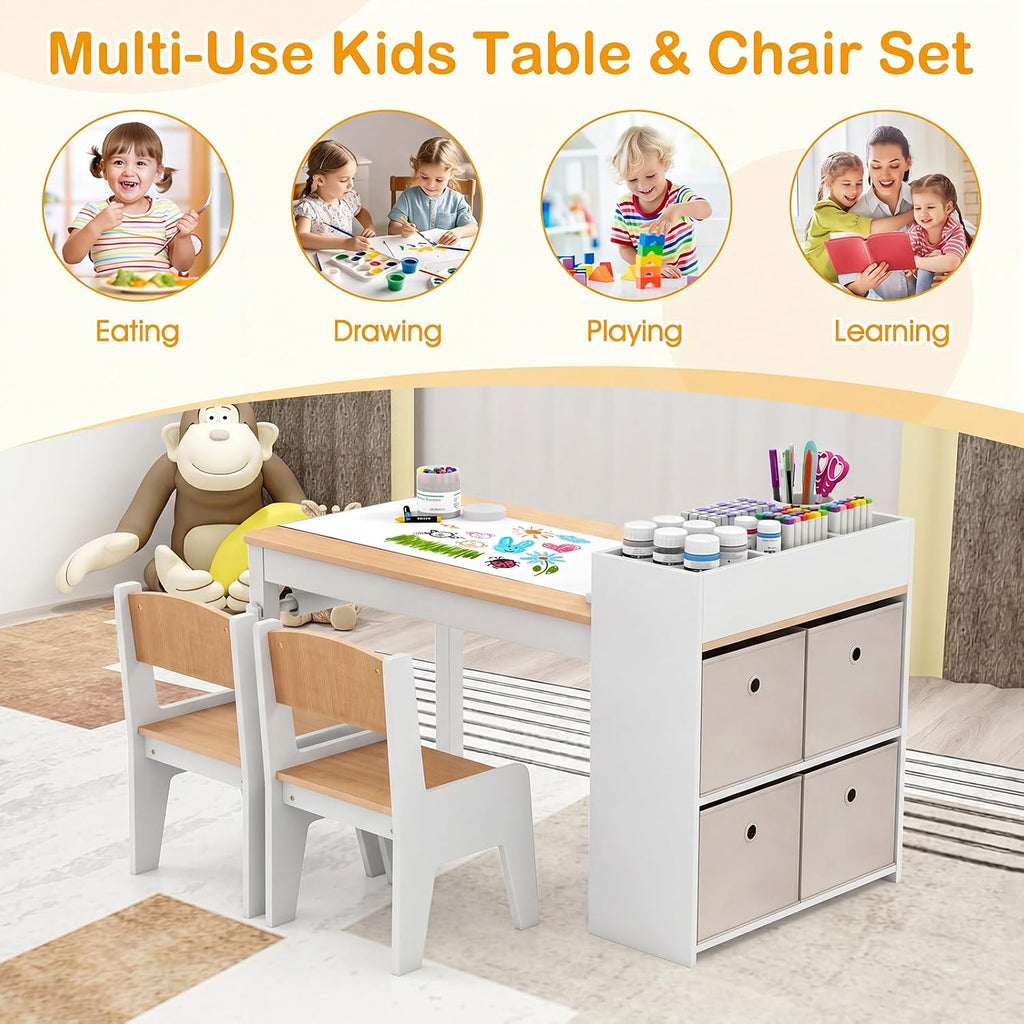 Kids Art Table and Chair Set with Storage and Paper Roll, Natural