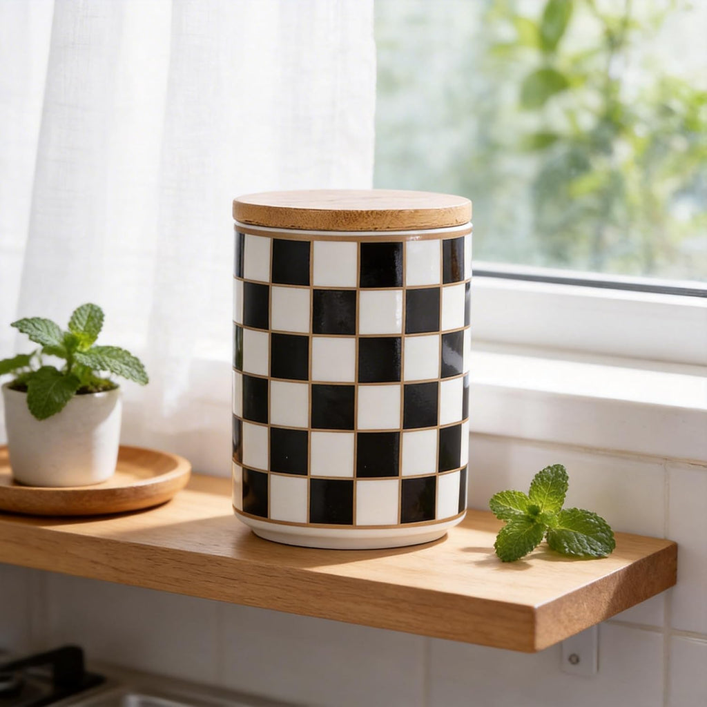 Kitchen Countertop Ceramic Checkered Canisters,Black And White Food Storage Containers With Lid,Airtight Kitchen
