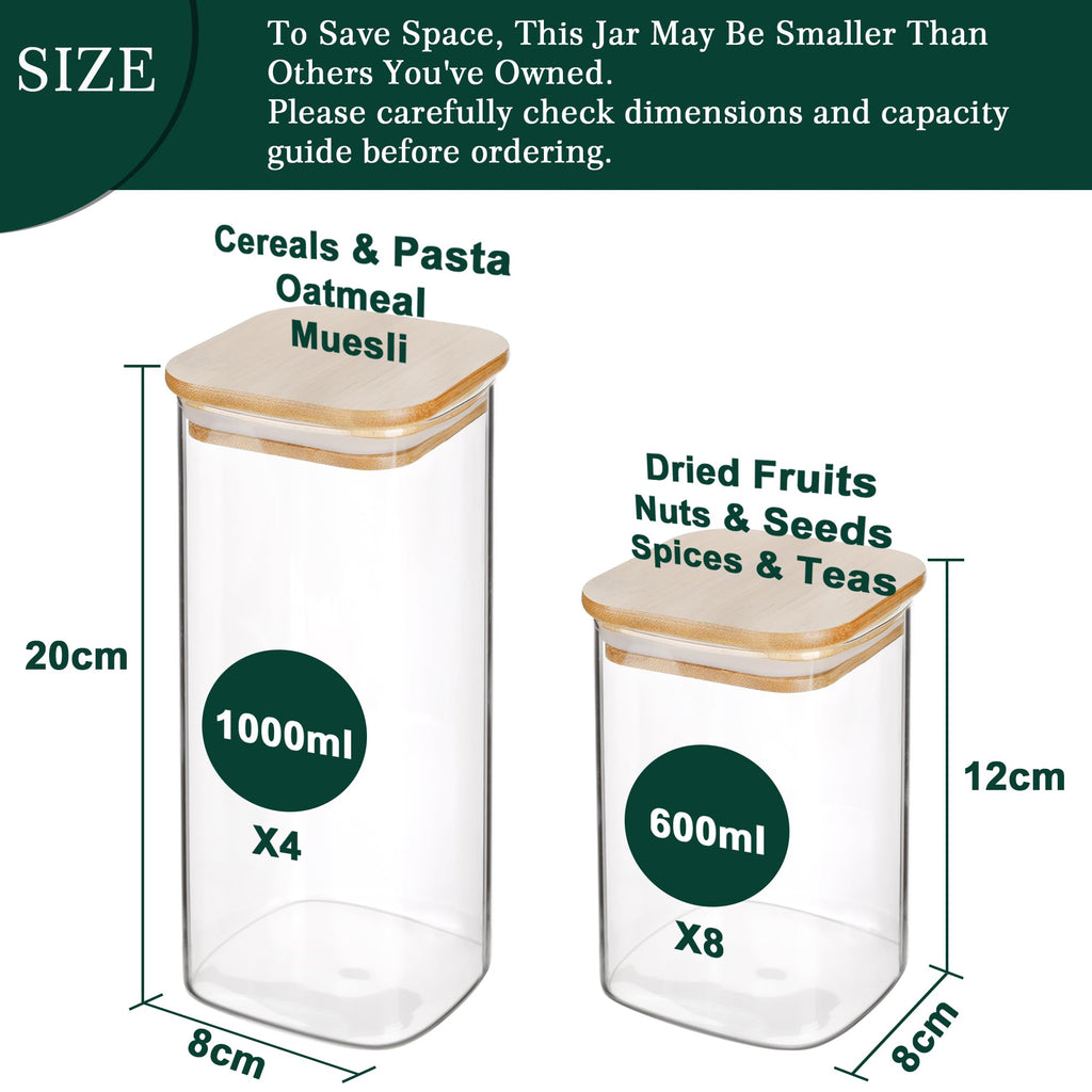 12-Pack Square Glass Storage Jars with Bamboo Lids (0.6Qt/1.06Qt) - Stackable Food Containers for Pantry