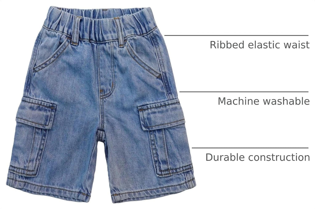 Boys Girls Cargo Denim Jeans Shorts Ribbed Elastic Half Pants