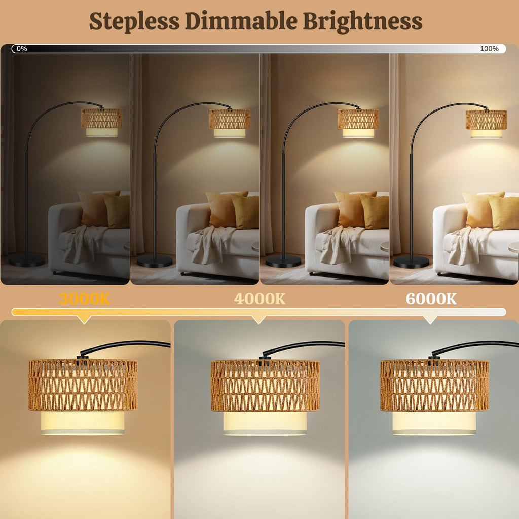 Arc Floor Lamp, Rattan Boho Floor Lamp with Remote Control, Black Standing Lamp with 3 Color Temperatures & Dimmable
