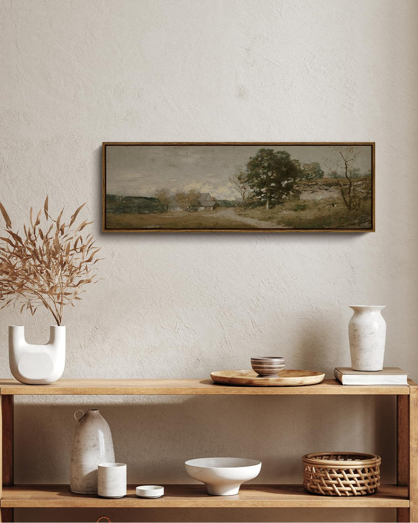 Extra Large Framed Vintage Wall Art, Rustic Landscape, 40x20in