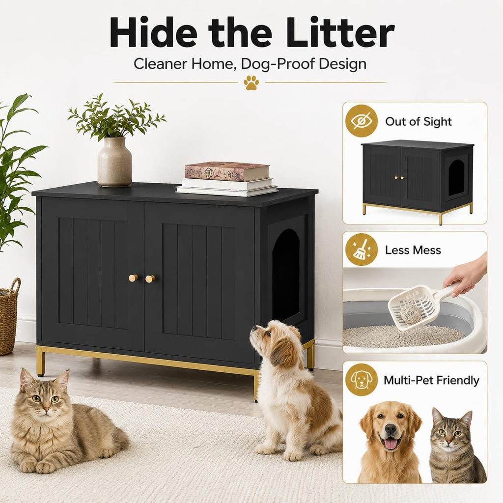 28.3" L Cat Litter Box Enclosure with Metal Frame, Black and Gold