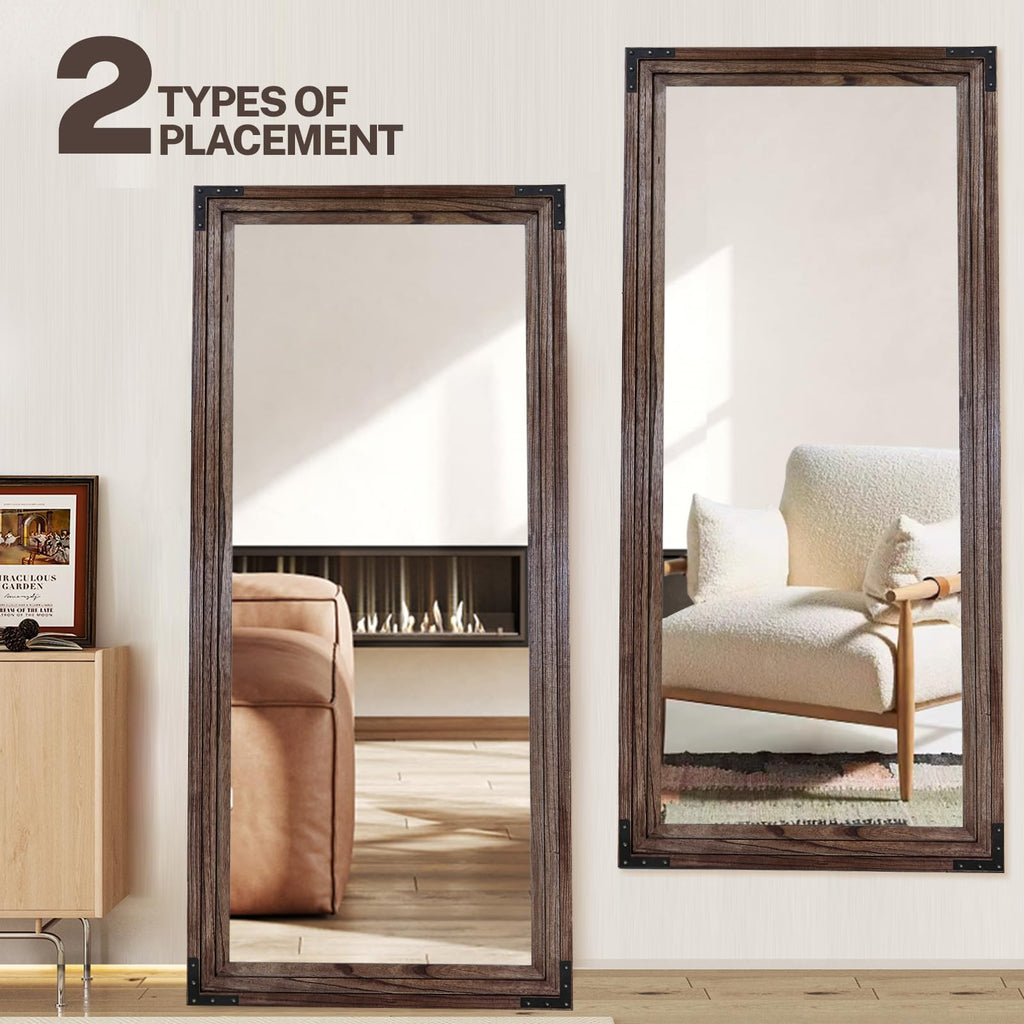 Full Length Mirror 76"x34", Solid Wood Frame Standing Mirror, Brown