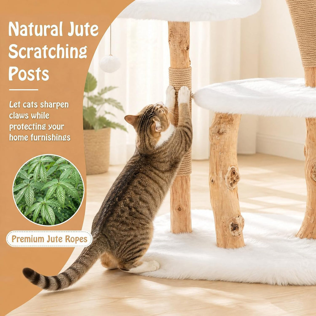 44 inch Wood Cat Tree, Modern Wooden Cat Tower with Jute Scratching Posts, Top Perch, Soft Long Plush and Dangling