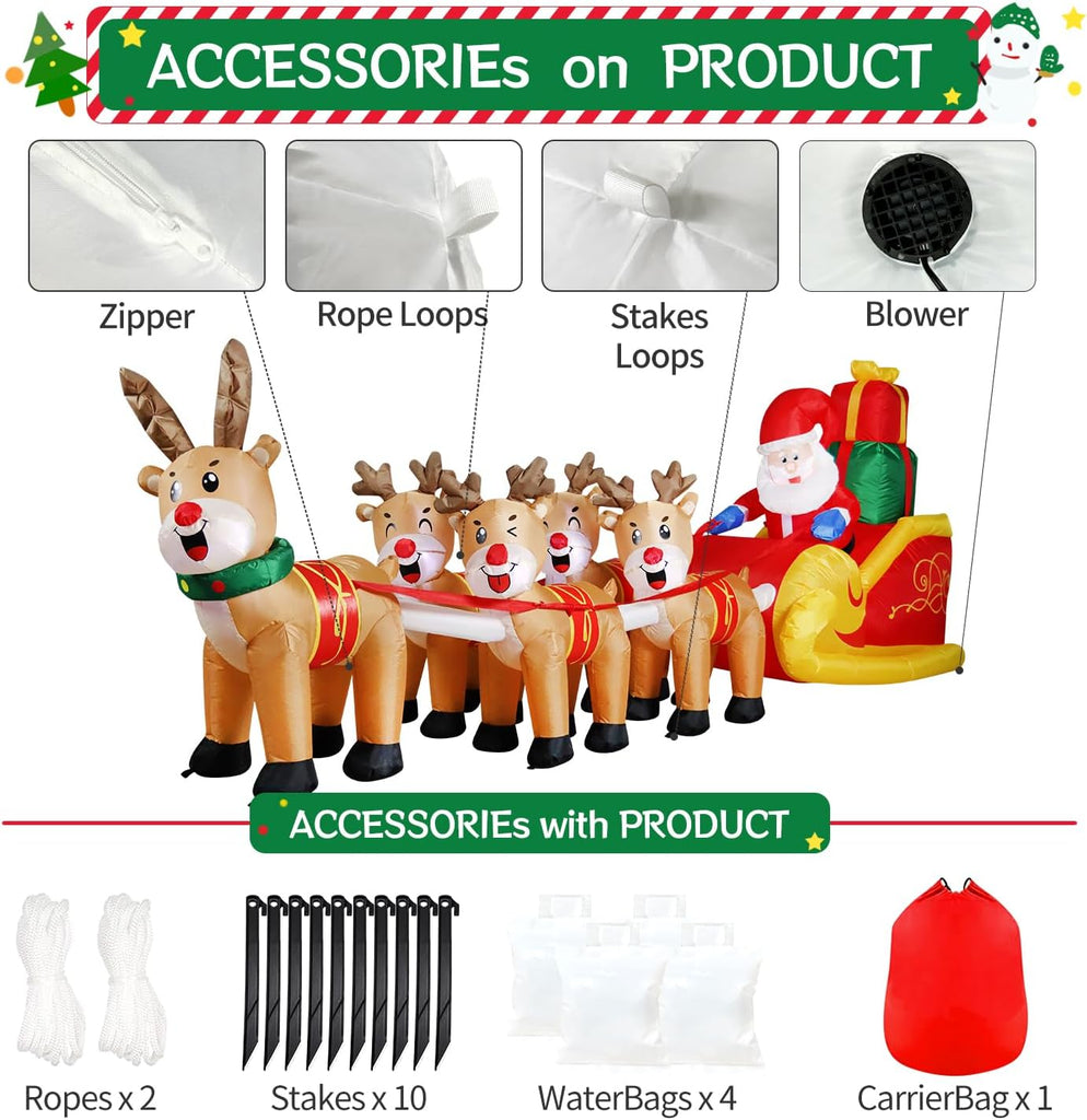 12 FT Christmas Inflatable Outdoor Santa Claus on Sleigh with Five Reindeer, Building LED Lights, Blow Up Yard