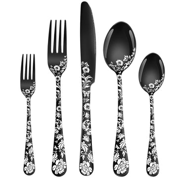 20-Piece Peony Flower Pattern Design Silverware Set, Stainless Steel Flatware Set for 4, Black Cutlery, Mirror