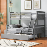 Trundle Bunk Bed, Twin Over Full Wood Bunk Bed with Twin Trundle, Solid Wood Bunk Bed Frame with Guardrail and Ladder