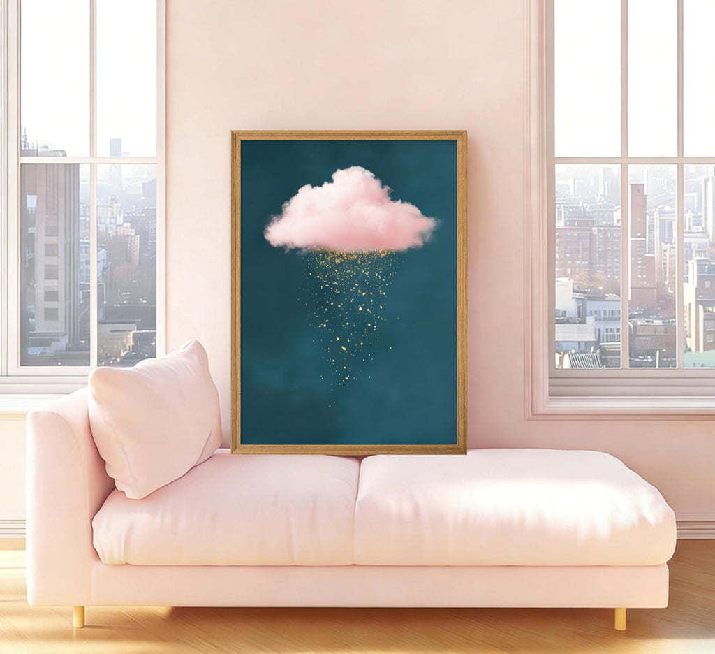 Framed 3D Textured Modern Minimalist Abstract Cloud Wall Art Golden Rain Canva Wall Deocr Pink Cloud Sky artwork