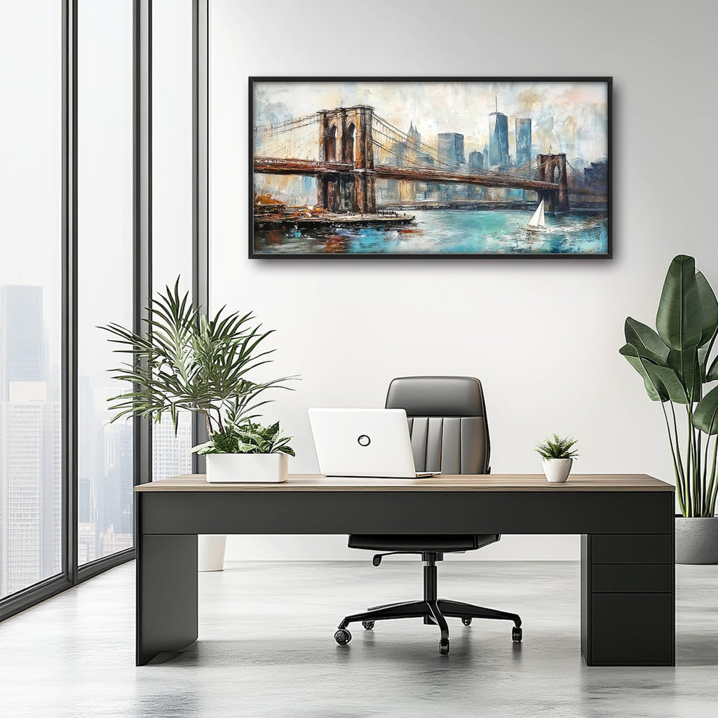 Large Framed Brooklyn Bridge Wall, New York Decor Canvas 60" L x 30" W