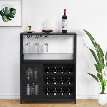 Vintage 3-Tier Wine Bar Cabinet-Small Buffet Sideboard with Adjustable Shelves,Glass Holders,Mesh Door &
