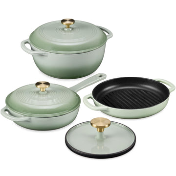 6-Piece Cast Iron Cookware Set, Ceramic Coated 6Qt Dutch Oven, 2Qt Skillet W/Lid, 10" Grill Pan W/Press, Non-toxic