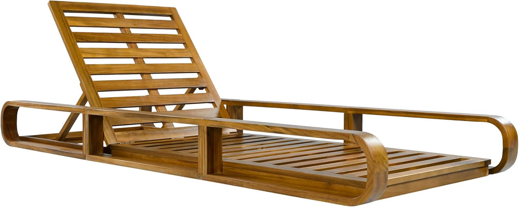 Teak Finish Acacia Wood Chaise Lounge - 1 Pcs Frame + 1 Pcs 4" 3-Fold Cream Water-Resistant Cushion, 400lbs Capacity