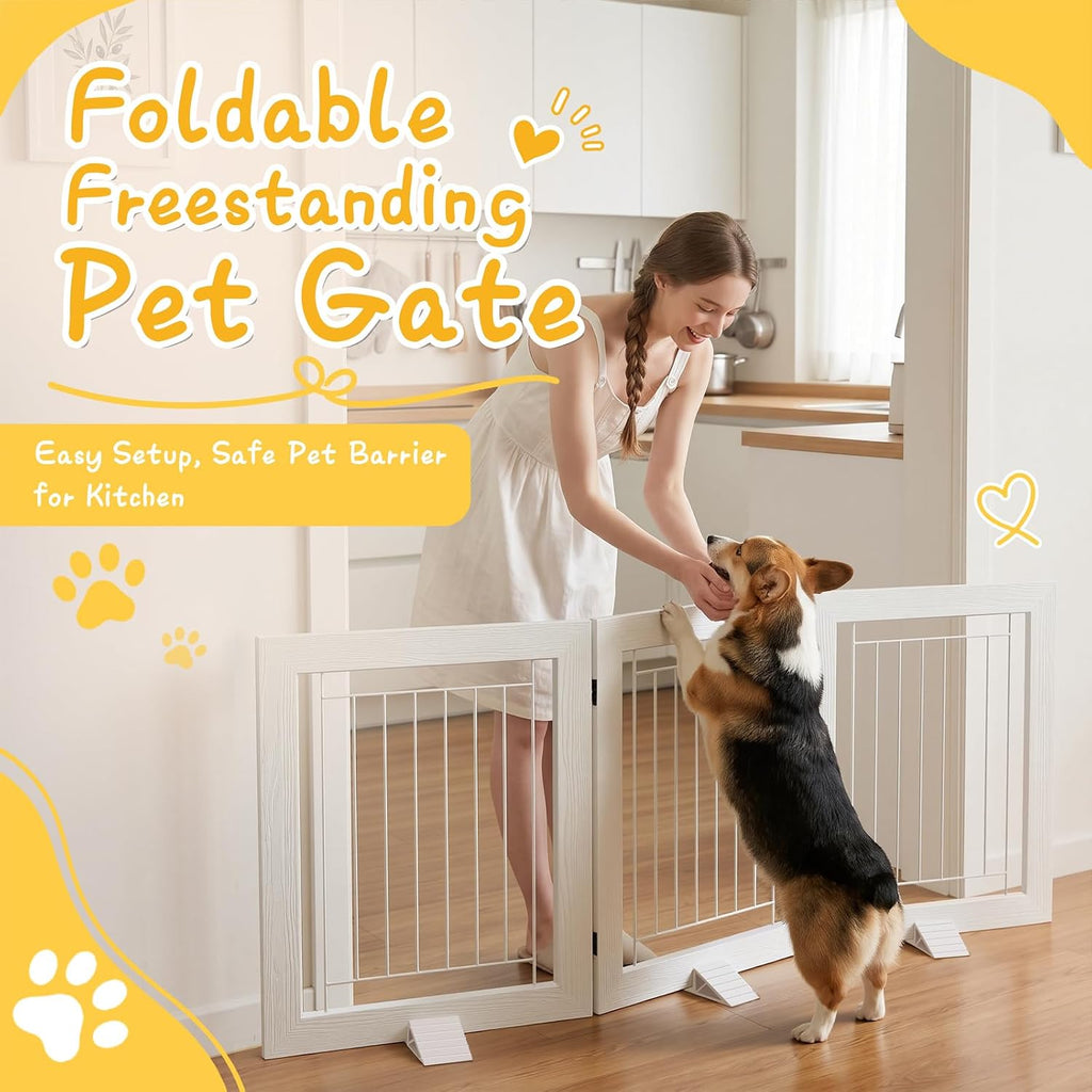Dog Gate Indoor, Freestanding Dog Fence, 59x24-Inch Wooden Pet Gate for Dogs, 3-Panel Puppy Gates for Doorways