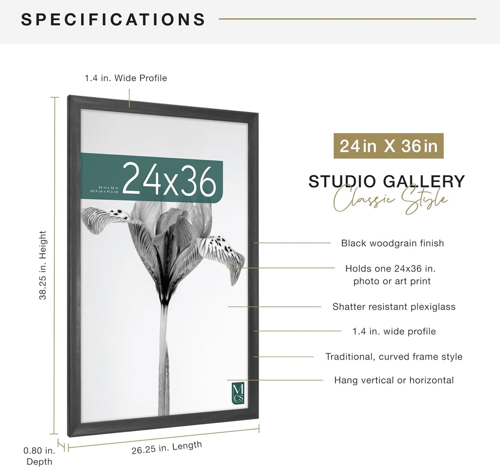 Studio Gallery Classic Poster Frame, 24x36, Black Woodgrain | Studio Gallery Classic Poster Frame For Photos & Art