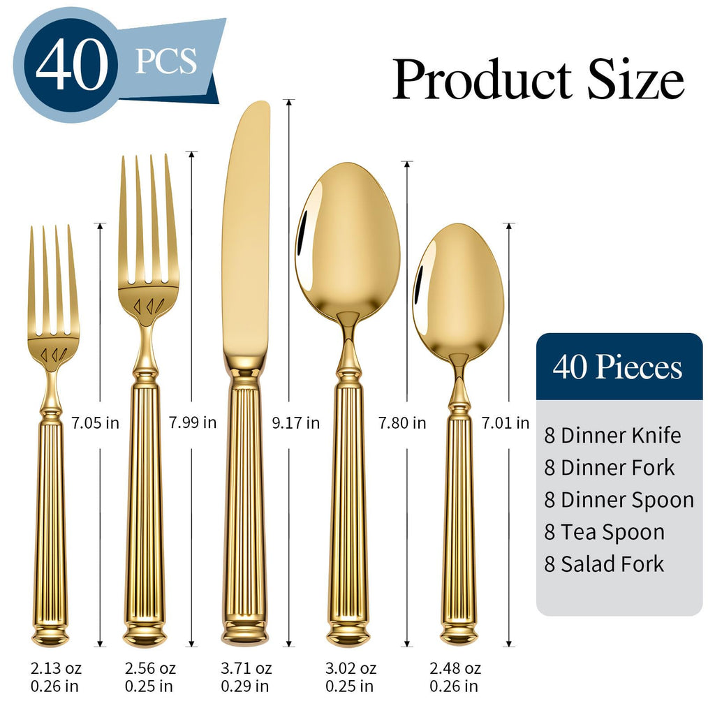 Gold Silverware Set Roman Column 18/10 Stainless Steel 40-Piece for 8