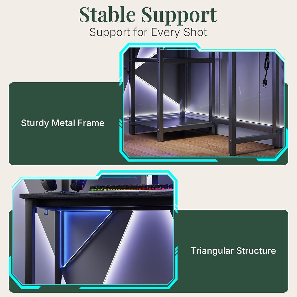 53" L Shaped Gaming Desk Reversible Corner Desk | Computer Desk with Power Outlet, Writing Table with LED Lights
