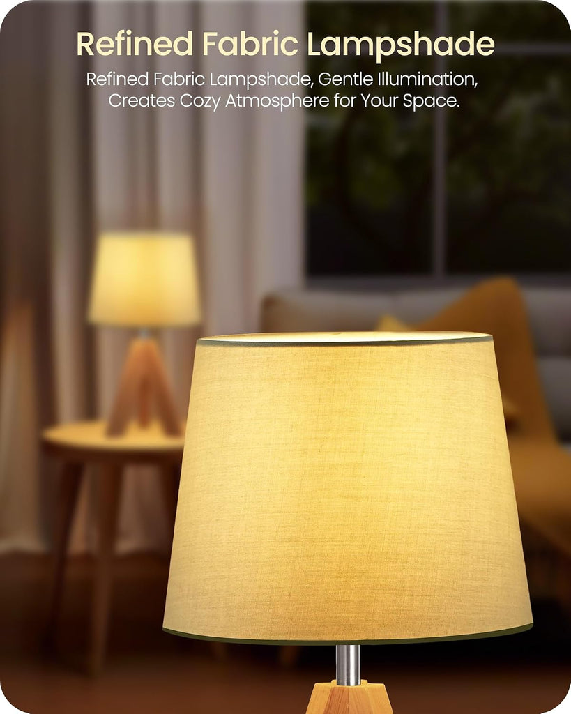 Tripod Table Lamp, Small Bedside Lamp with Wood Base & Green Fabric Shade, Little Cute Desk Lamp, Modern Nightstand