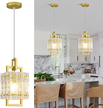 Gold Pendant Light Fixture - Modern Kitchen Island Water Ripple Glass Square Light - Adjustable Hanging Lighting for