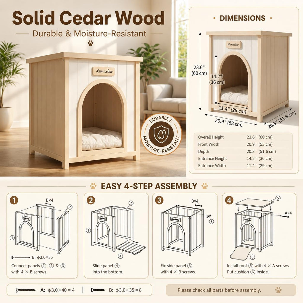 Indoor Wooden Dog Cat House with Removable Cushion, Cedar