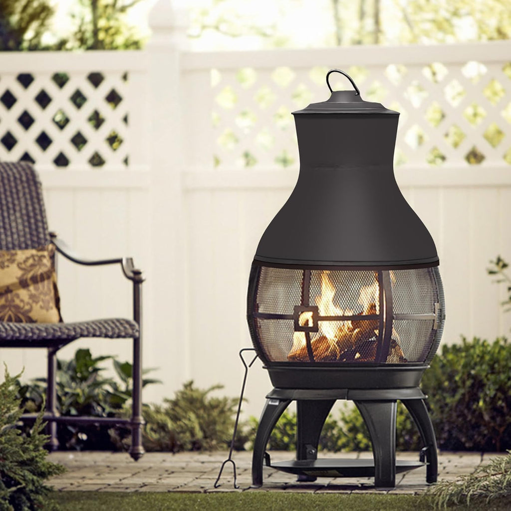 Fire Pit Wood Burning Chiminea Outside Fireplace Patio Small Firepit, Size 17.7" W x 35.6" H, Brown-Black