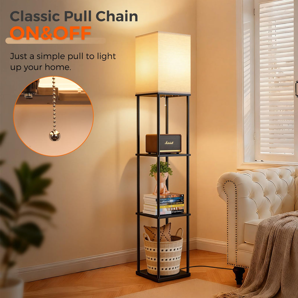 2-Pack Floor Lamp with Shelves, 3-Tier Square Bookshelf Standing Lamp