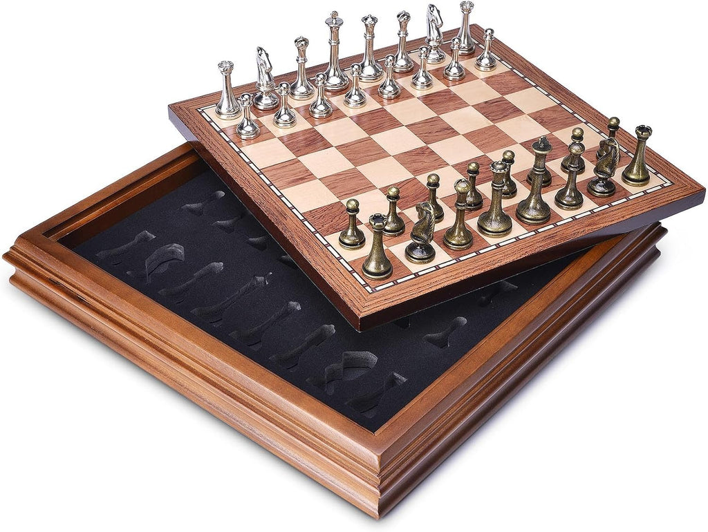 Wooden Chess Board Set with Pieces Storage for Adults Kids, 12.5 Inch Chess Set with Metal Pieces, Unique Chess Game