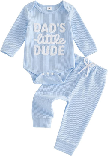 Waffle Knit Baby Boy Clothes Letters Embroidered Romper Pants Set