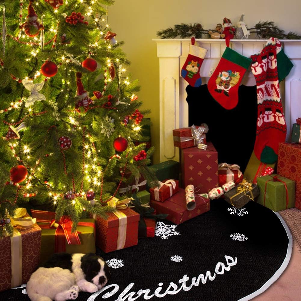 Burlap Christmas Tree Skirt, 30 Inch Black Tree Skirt with White Snowflakes and Merry Christmas Words, for Xmas
