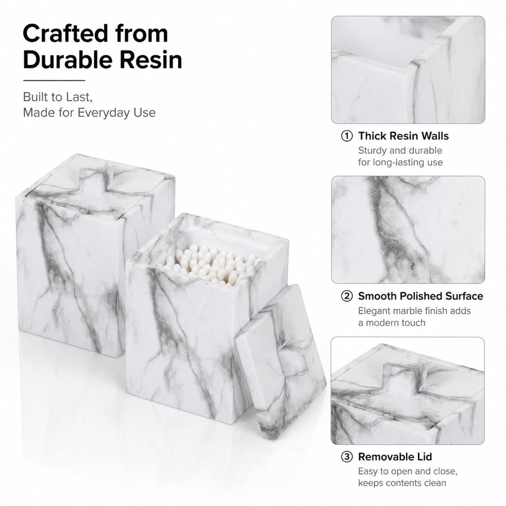 2-Pack Marble Pattern Cotton Swab Holders with Lids, Res Vanity Storage Jars, Square Qtip Containers for Cotton