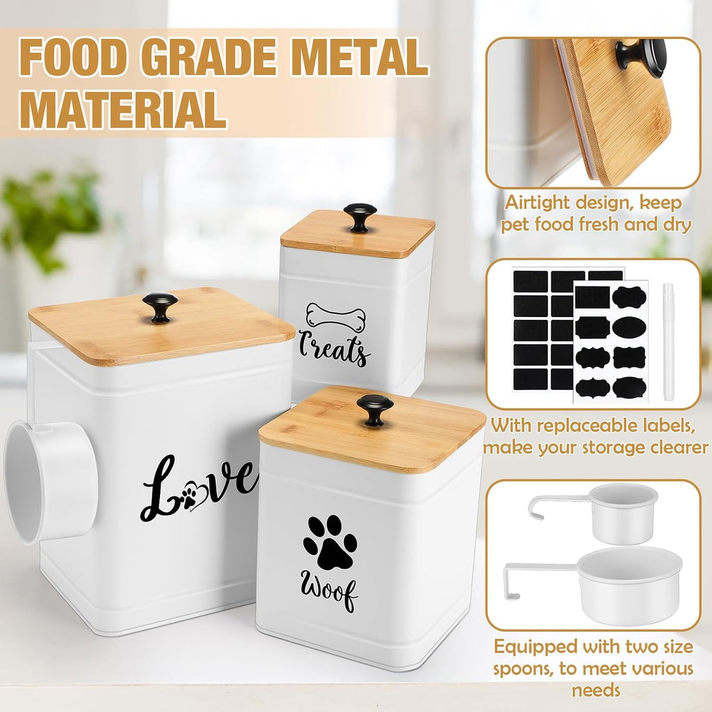 Metal Dog Treat Containers Set of 3 with Bamboo Lids and Spoon Airtight 7+3+2 lbs Dog Food Snack Jars with DIY Labels