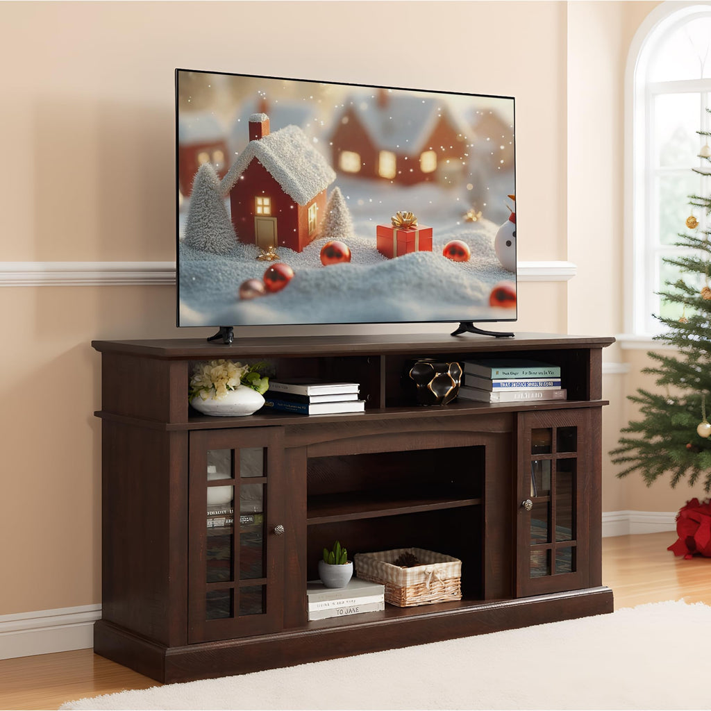 Traditional American Country Style TV Stand with Glass Door, 58"W Large Entertainment Center with Open Shelves, Home