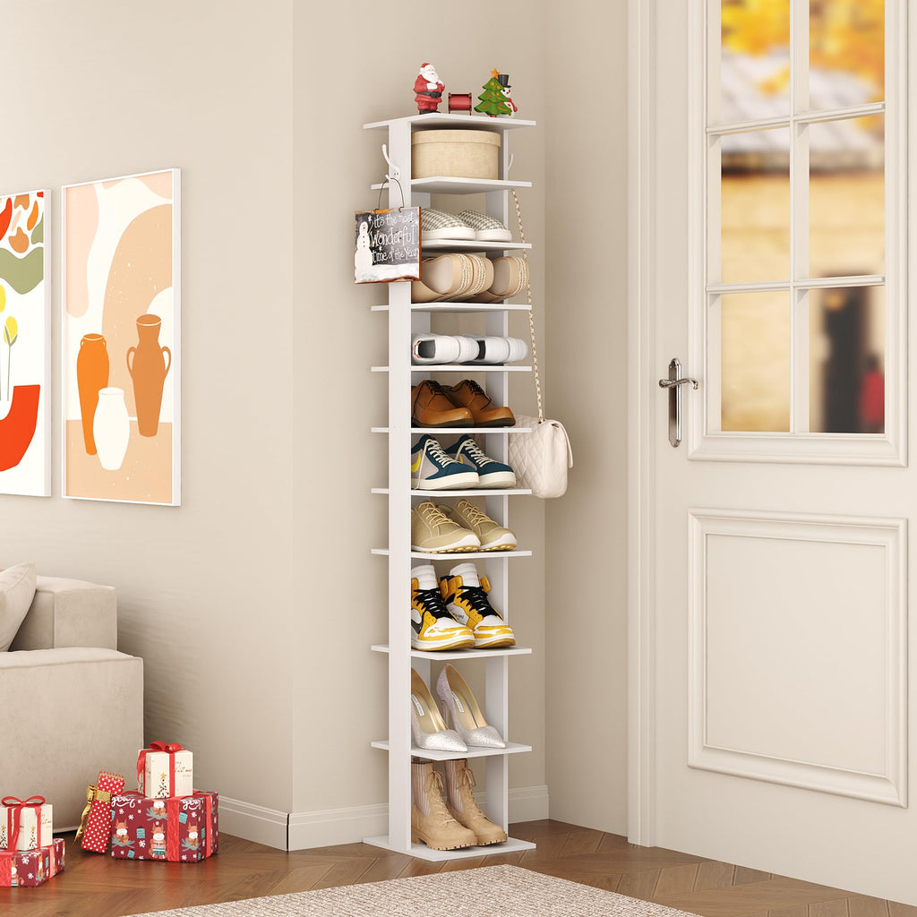 10-Tier Vertical Shoe Rack, Corner Shoe Tower, Slim Shoe Organizer with Two Hanging Hooks, Wooden Shoe Storage Stand