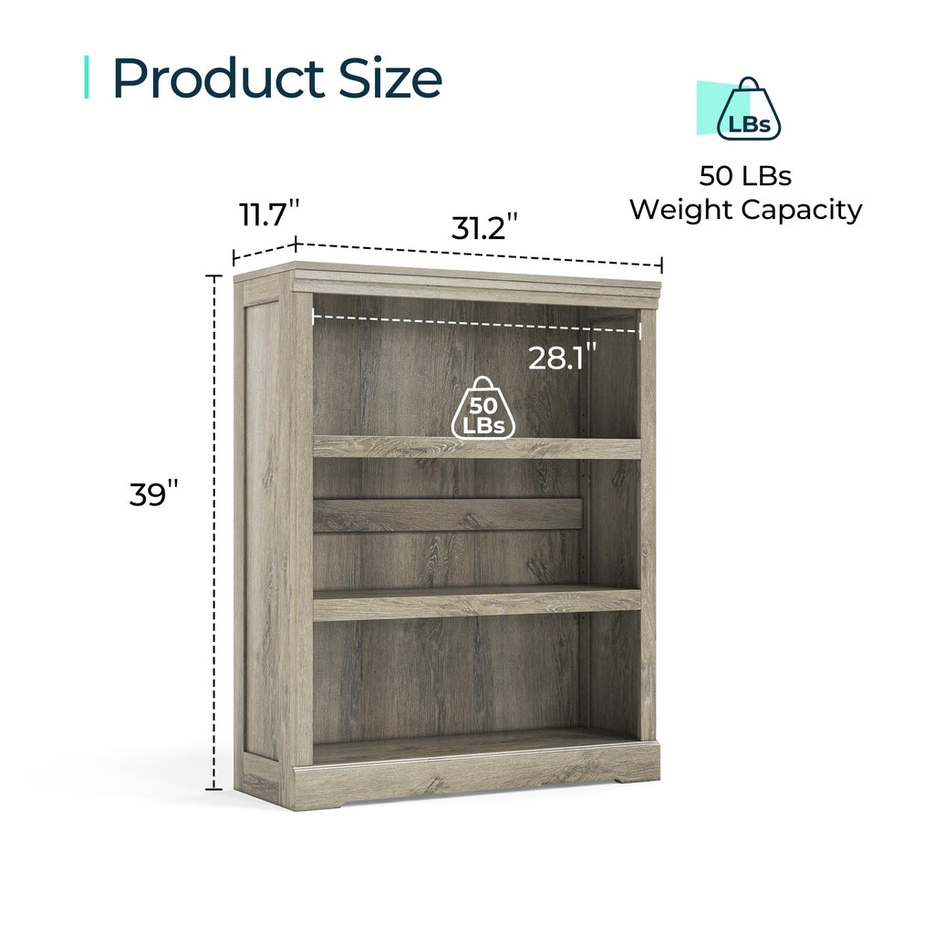 3-Tier Bookshelf, Small Wood Display Storage Shelves Farmhouse Bookshelf, Bed Room - Washed Grey