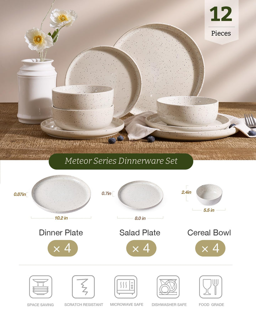 Meteor 12-Piece Stoneware Dinnerware Set, Creamy White