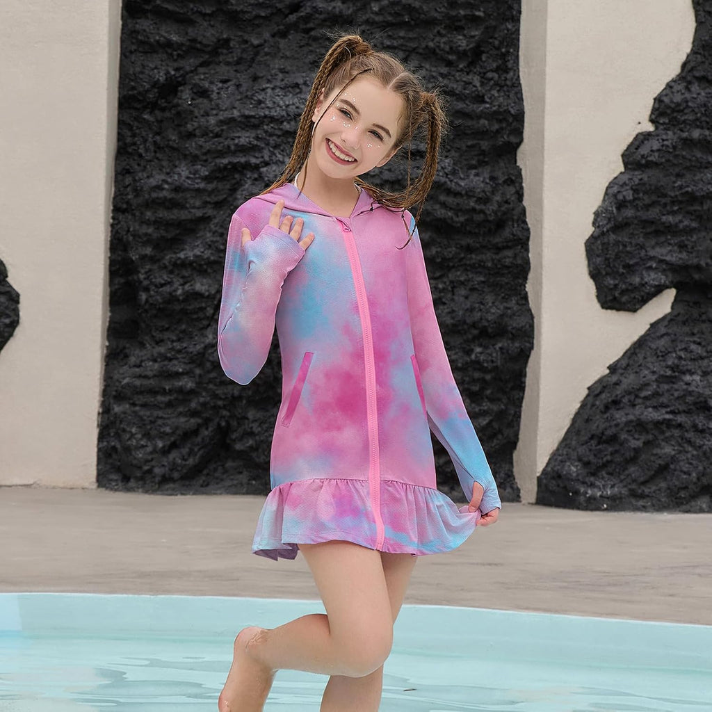 Girls Swim Cover Up UPF 50+ Sun Protection Rash Guard Hoodie