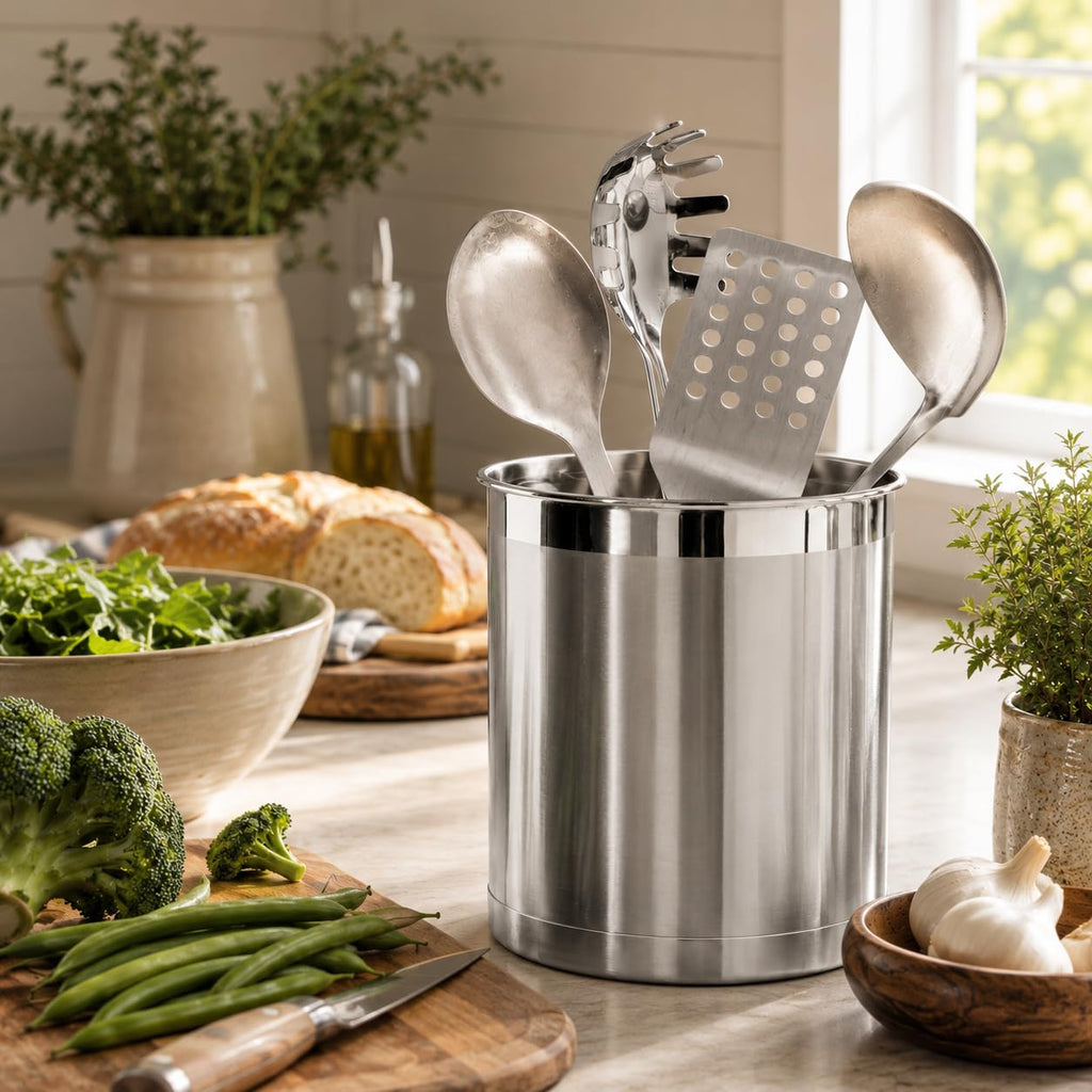 Stainless Steel Jumbo Utensil Holder - 7" Utensil Caddy, Weighted Base for Stability - Extra Large Utensil Crock