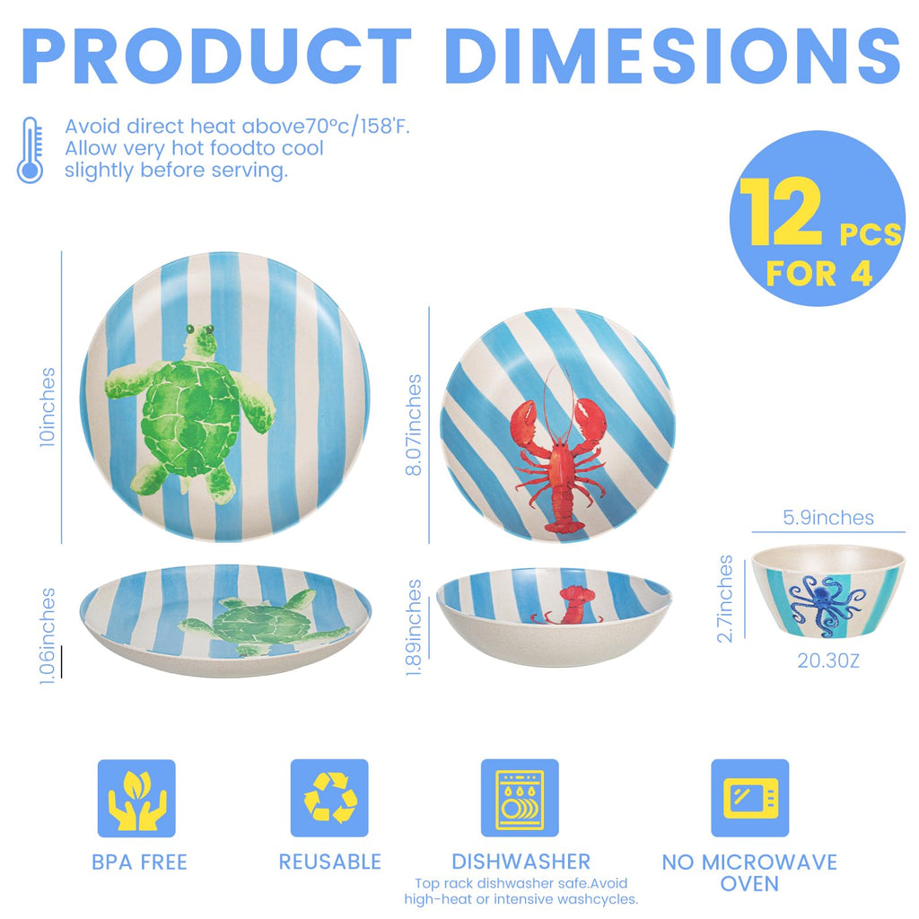 Melamine Dinnerware Sets 12 Pc, Service For 4, Blue Coast