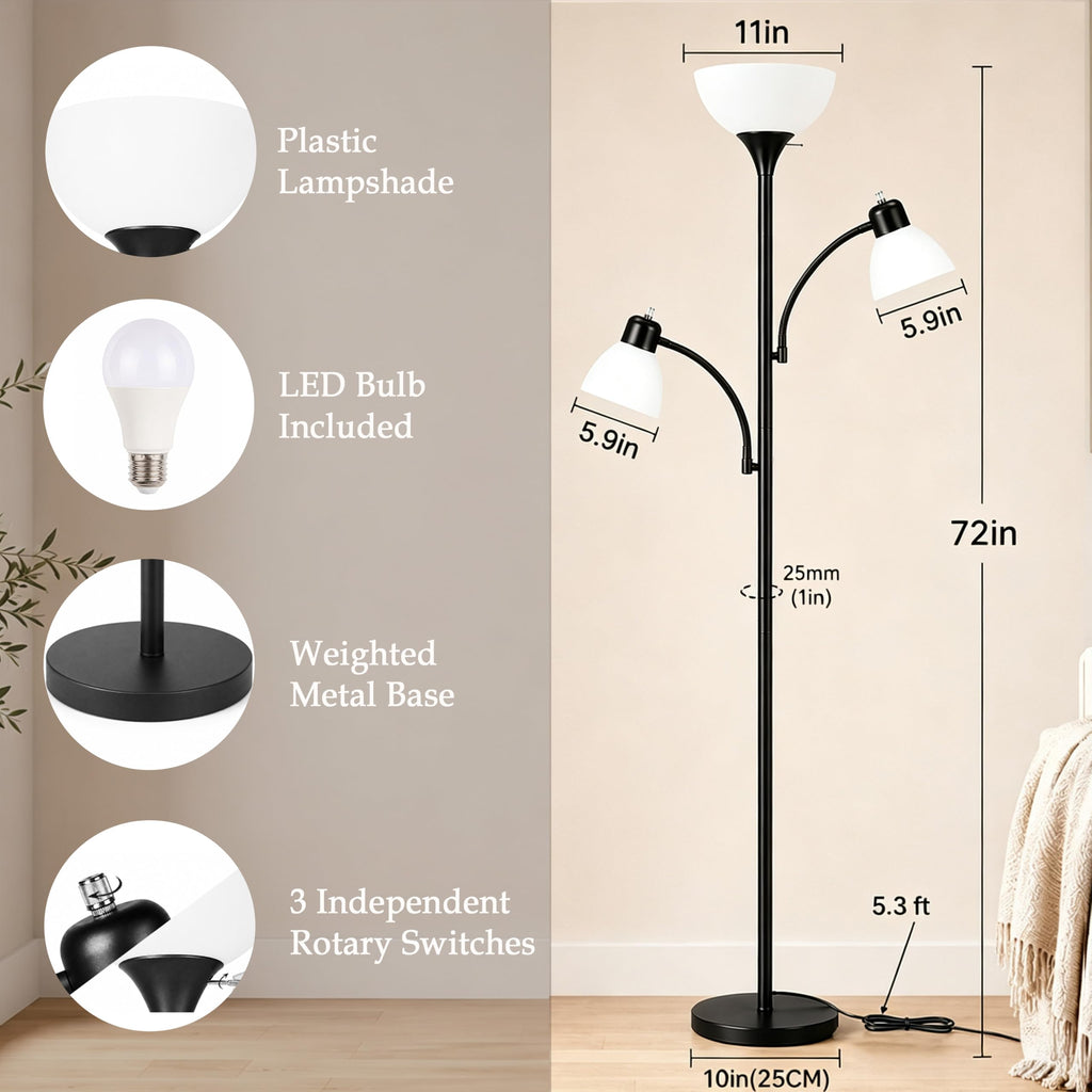 72" 3-Head Torchiere Floor Lamps with 2 Reading Lamp -Black